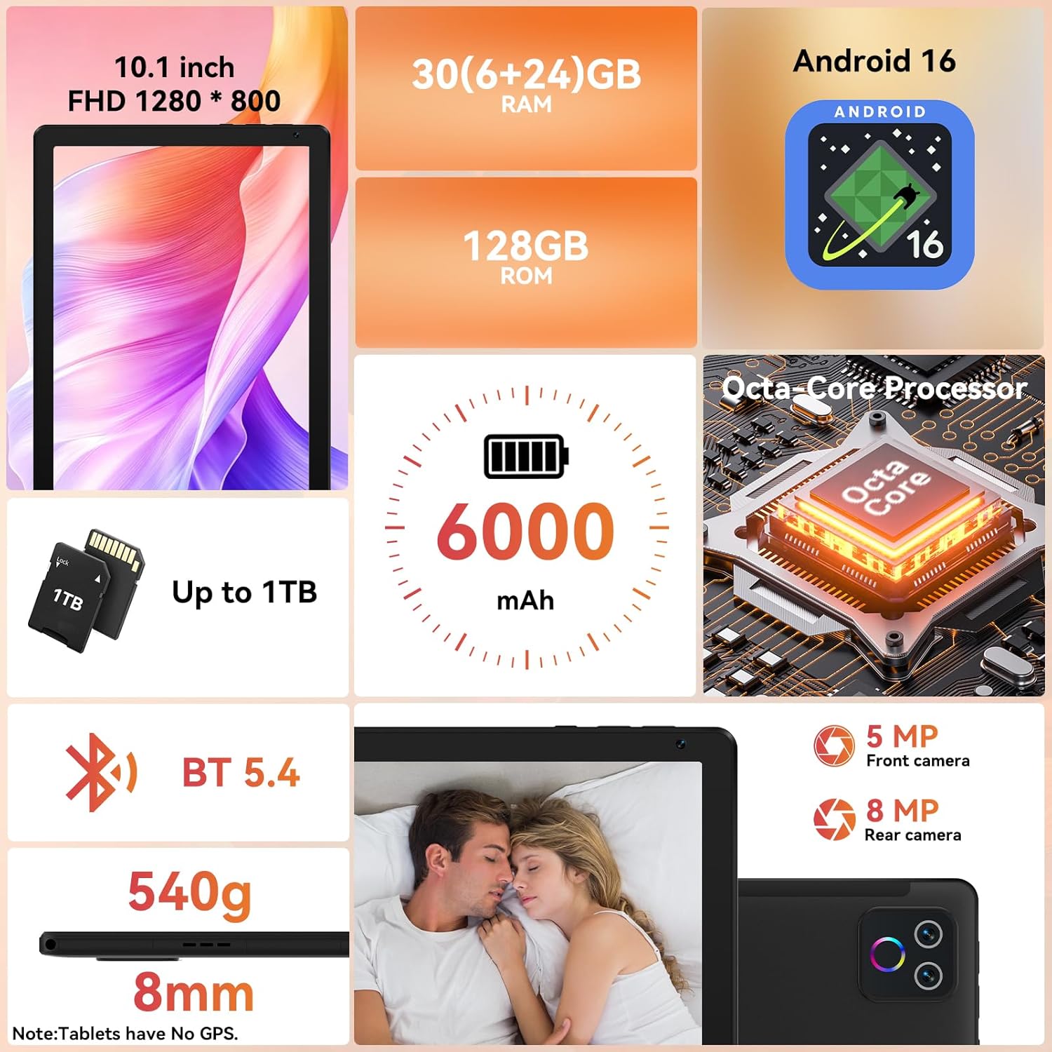 URAO Tablet,10.1" Android Tablet with Octa-core Processor 30GB RAM 128GB ROM HD IPS Touchscreen 8H Battery, Wi-Fi 6, BT 5.4, Dual Camera, Android 16 Tablets 2026 - Image 2
