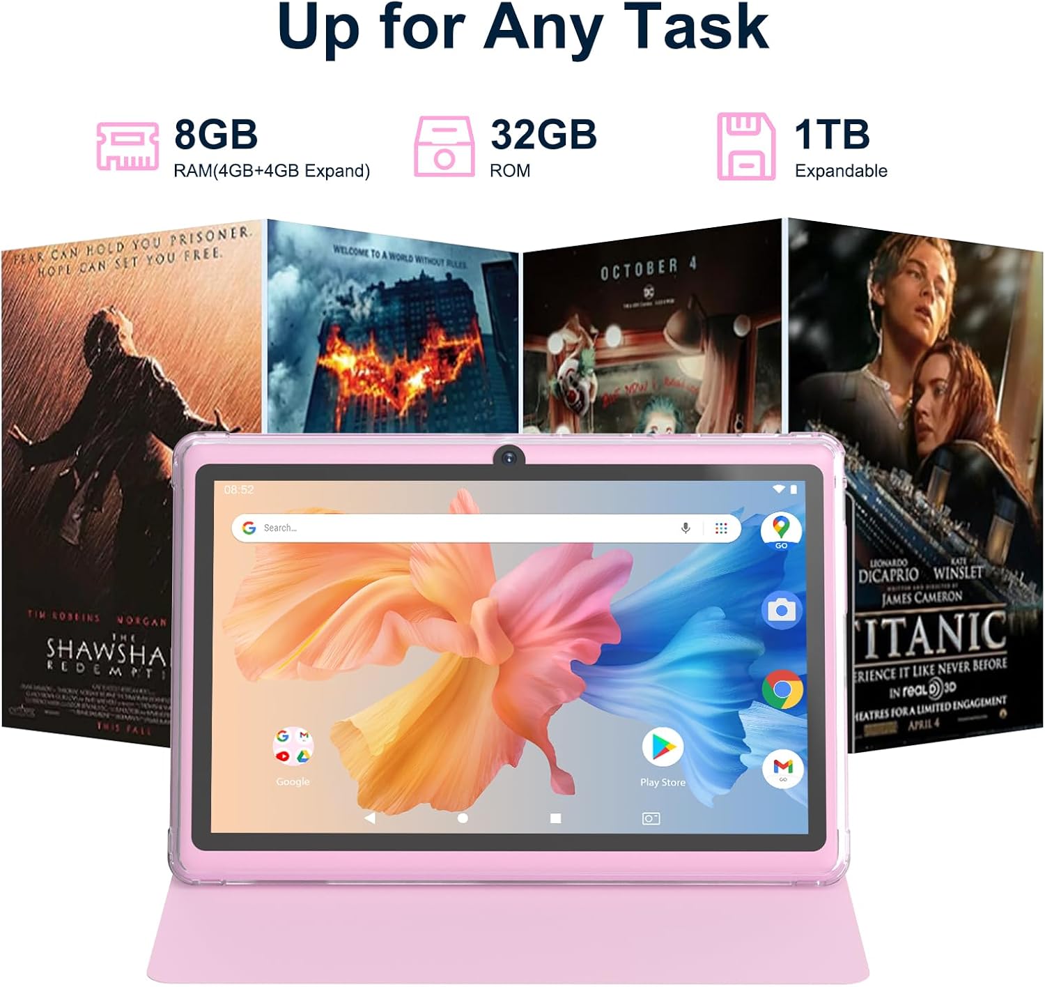 PEICHENG Android 14.0 Tablet 7", RAM 8GB(3+5Expand)+32GB ROM Tablets, Dual Camera, 1024 x 600 IPS Display Screen, 1TB Expand, Tablet with Case (Pink) - Image 4