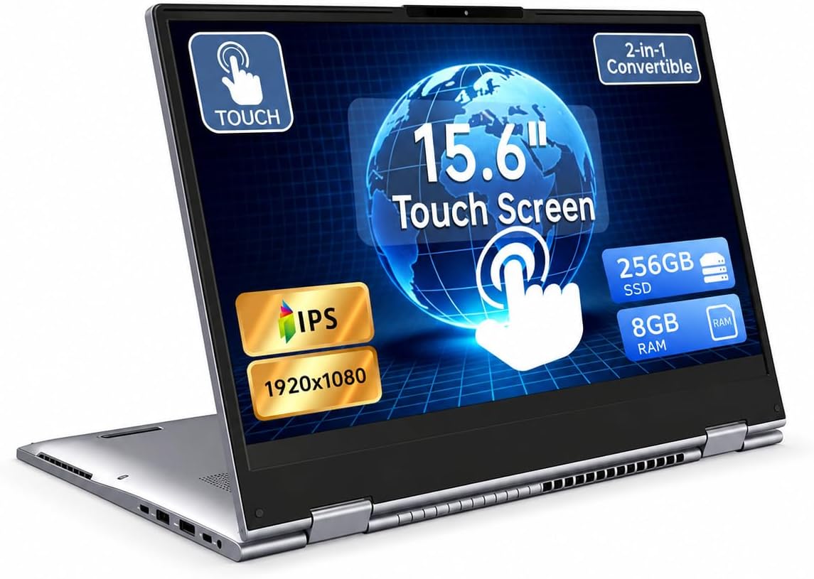 15.6" 2-in-1 Touchscreen Laptop Computer, AMD A9 Processor up to 3.2GHz, 8GB RAM 256GB SSD, Convertible Notebook with IPS FHD Display, USB-C, WiFi, Win11 Laptop for Work, Study & Home