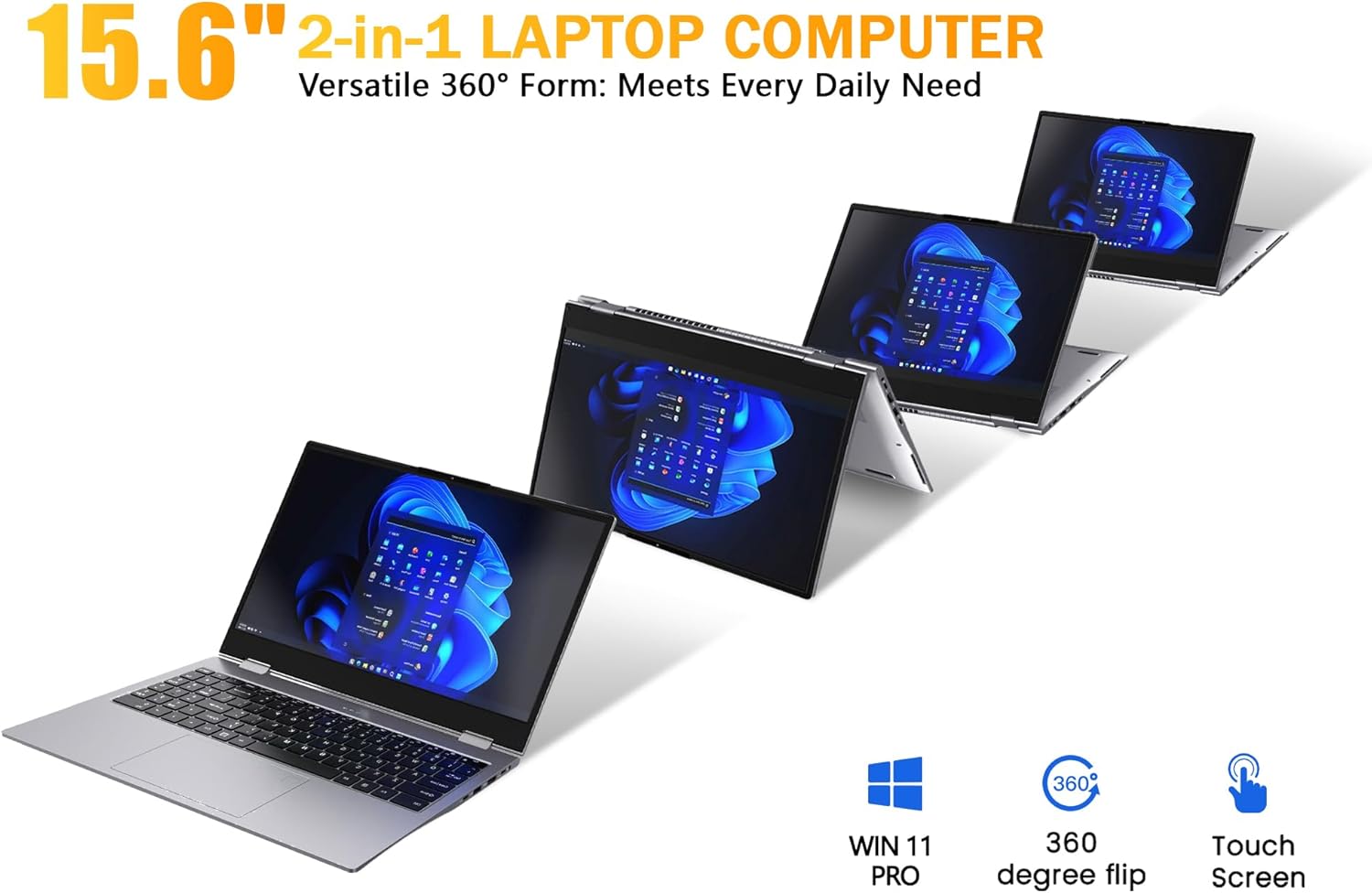 15.6" 2-in-1 Touchscreen Laptop Computer, AMD A9 Processor up to 3.2GHz, 8GB RAM 256GB SSD, Convertible Notebook with IPS FHD Display, USB-C, WiFi, Win11 Laptop for Work, Study & Home - Image 2