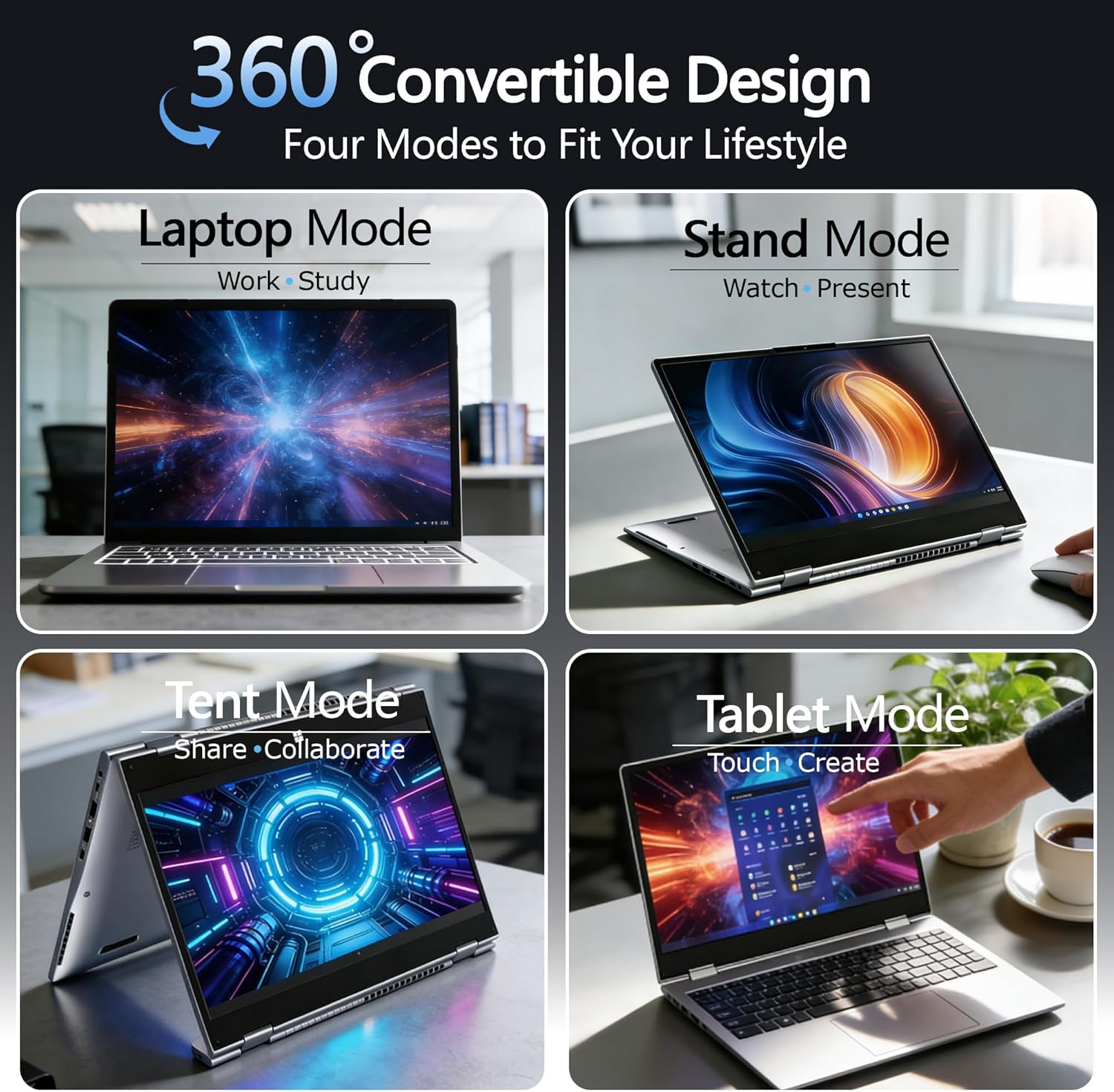 15.6" 2-in-1 Touchscreen Laptop Computer, AMD A9 Processor up to 3.2GHz, 8GB RAM 256GB SSD, Convertible Notebook with IPS FHD Display, USB-C, WiFi, Win11 Laptop for Work, Study & Home - Image 3
